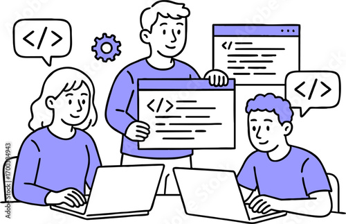 Web development. programming languages. css, html, it, ui. programmer cartoon character developing website, coding. flat illustration banner