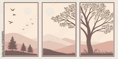 Triptych of rolling hills, trees, and birds in a muted color palette