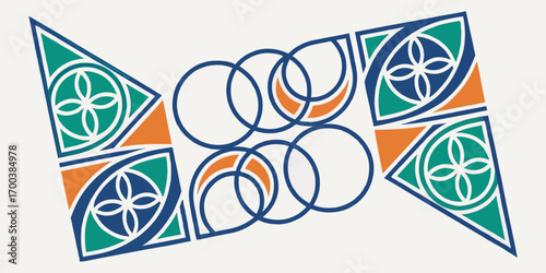 Abstract geometric pattern with olympic rings and triangles