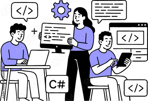Web development. programming languages. css, html, it, ui. programmer cartoon character developing website, coding. flat illustration banner