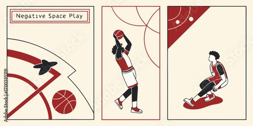 Three minimalist posters depicting basketball players and court elements