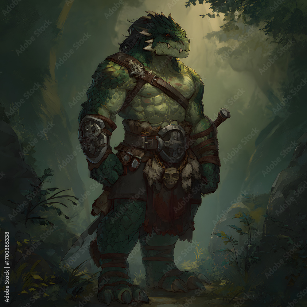 Fototapeta premium A strong, humanoid lizard-like creature stands in a forest, wearing leather armor and carrying a sword. The figure has green scales and a stern expression.