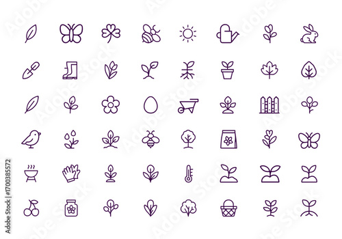 Spring Flower Gardening Icon Set, Nature Bloom, Butterfly, Bee, Bunny, Leaf, Clover, Outdoor Picnic, Camp, Garden Symbols, Vector Illustration, Adjustable Line Weight, spring gardening icons