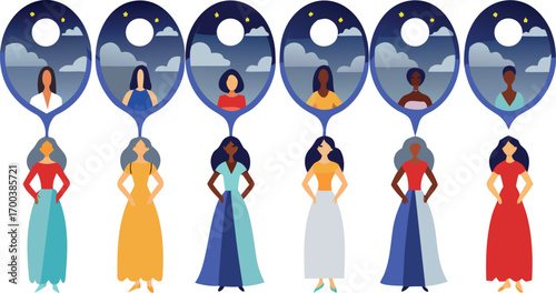 Editable Vector Illustration of Diverse Women Dreaming of Their Future Selves Under a Serene Night Sky Celebrating Aspirations and Empowerment.