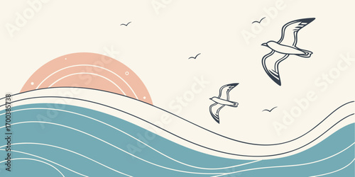 Seagulls flying over abstract waves with a sun
