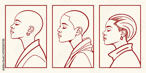 Three profile portraits of women with different hairstyles