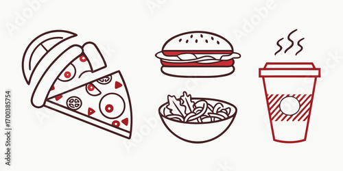 Fast food icons pizza, burger, salad, and coffee