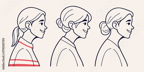 Three womens profiles showing different hairstyles and neck postures