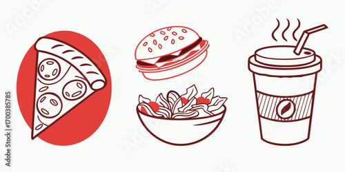 Fast food icons with red circle pizza, burger, salad, and coffee