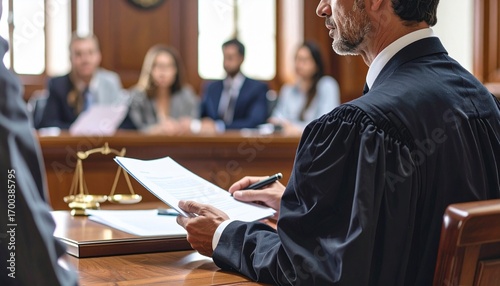 Lawyers examining documents in courtroom setting