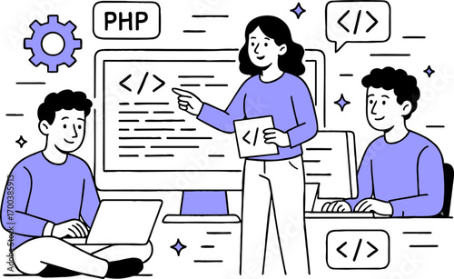 Web development. programming languages. css, html, it, ui. programmer cartoon character developing website, coding. flat illustration banner