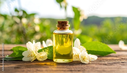 Essential oil bottle with jasmine flowers