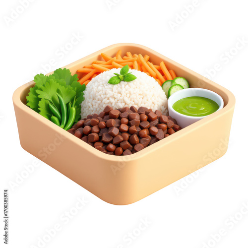 Healthy and Delicious Bento Box with Rice Beans Carrots and Green Sauce.