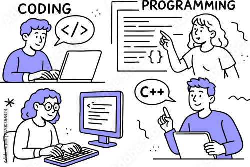 Web development. programming languages. css, html, it, ui. programmer cartoon character developing website, coding. flat illustration banner