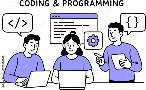 Web development. programming languages. css, html, it, ui. programmer cartoon character developing website, coding. flat illustration banner
