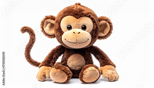 Plush monkey toy with long arms stitched smile soft brown fur cute stuffed cartoon style animal made with cuddly safe fabric for kids isolated on white background
