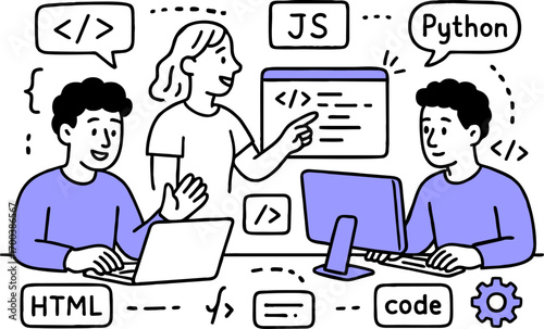 Web development. programming languages. css, html, it, ui. programmer cartoon character developing website, coding. flat illustration banner