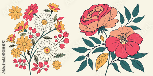 Vintage floral arrangement with roses and daisies in pink and yellow