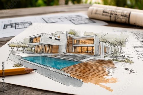Architectural Blueprint: A detailed architectural blueprint sketch, artfully depicting a modern house with a pool, epitomizing design and construction.
