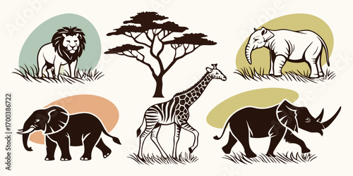 Collection of african animals and acacia tree illustration