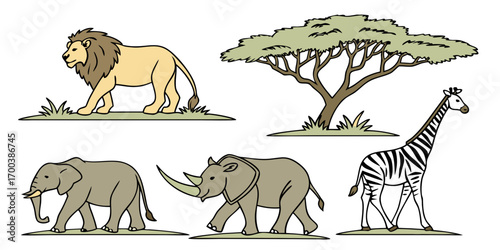 African animals and acacia tree illustration with color