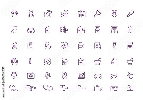 Veterinary Icons Vector, Pet Care, Animal Health, Vet Clinic Tools, Grooming, Medication, Syringe, Stethoscope, Treatment, Nutrition, Diagnosis, Healing, Hospital, Medical Equipment, illustration