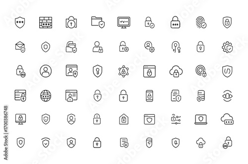 Security and password protection icon set, featuring shield, firewall, encryption, mobile lock, secure cloud, authentication, privacy control, data safety, secure server, network access, cyber defense