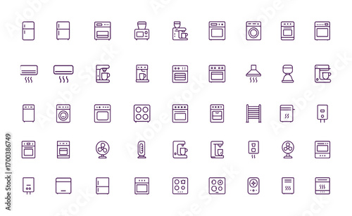 Home Appliances Vector Icon Set, Household Electronics Illustration, Adjustable Line Weight, Refrigerator, Microwave, Dishwasher, Oven, Washing Machine, Air Conditioner, Coffee Maker