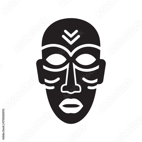 Graphic Black and White Tribal Mask Icon with Stylized Ethnic Features