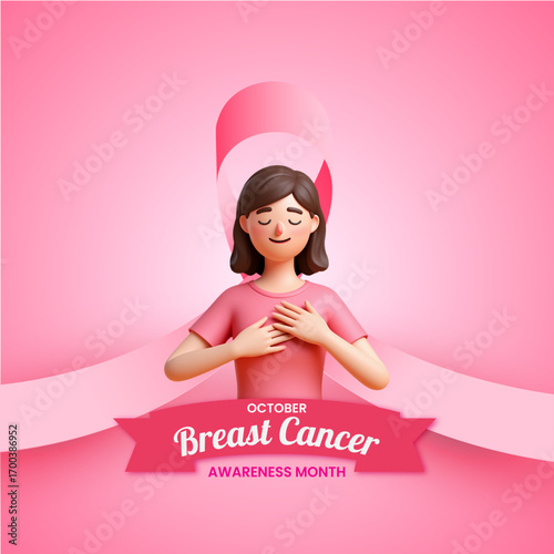 Breast cancer awareness month in october social media post, breast cancer awareness pink symbol women 3d illustration, pink background cancer prevention concept