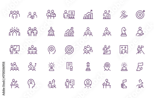 Workshop Training Icon Set, Teamwork, Leadership, Strategy, Coaching, Learning, Presentation, Development, Empowerment, Collaboration, Growth, Skills, Success, vector illustration