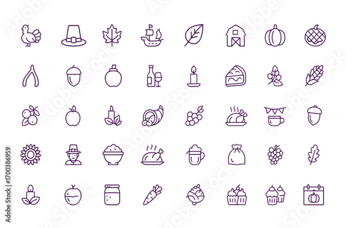 Thanksgiving vector icon collection with turkey, pumpkin, pilgrim hat, cranberry, cornucopia, harvest feast, autumn celebration, festive American holiday design, seasonal food illustration