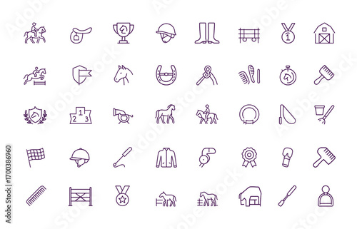 Equestrian Icon Set, Vector Line Art of Horse Rider, Saddle, Helmet, Trophy, Boots, Stirrups, Jump, Stable, Grooming Tools, Competition, Racing, Training, Show Arena, Horseback Riding Illustration