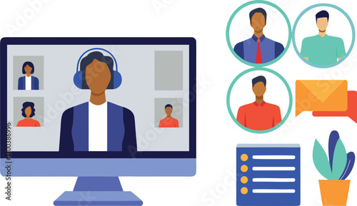 Editable Flat Vector Illustration of Colleagues Connecting in a Virtual Meeting Space Fostering Collaboration and Teamwork from Home.