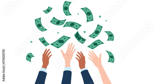 People reaching upward to catch falling green banknotes representing financial opportunity and prosperity