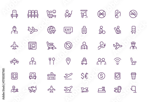 Airplane Travel Cabin Vector Icon Set, Seats, Oxygen Mask, Lavatory, Emergency Exit, Overhead Bin, No Smoking, Mobile Device, Flight Safety, Airline Comfort, Passenger Journey, aviation vector icon