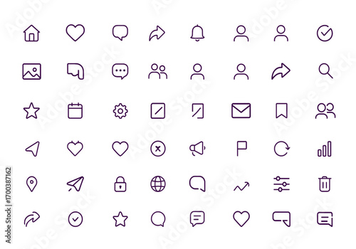 Social Media Icons Vector Set, Messaging, Like, Comment, Share, Notification, Chat, Profile, Search, Followers, Engagement, User Interface Elements, Online Interaction, Platform