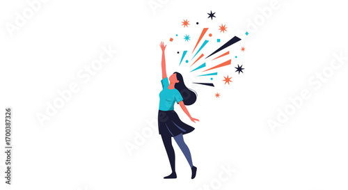 A person reaches upward towards bursting stars celebrating achievement and success