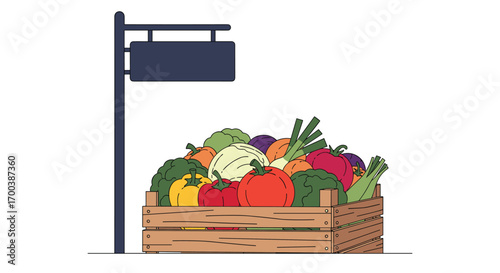 Abundant crate filled with fresh vibrant vegetables under a blank signboard ready for sale