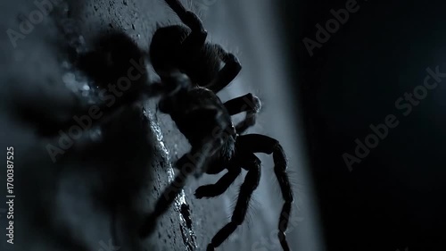 Dark, creepy spider crawling on a textured wall in shadow.