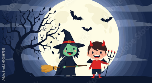 Spooky halloween night with a witch and a little devil under a full moon with flying bats and a bare tree
