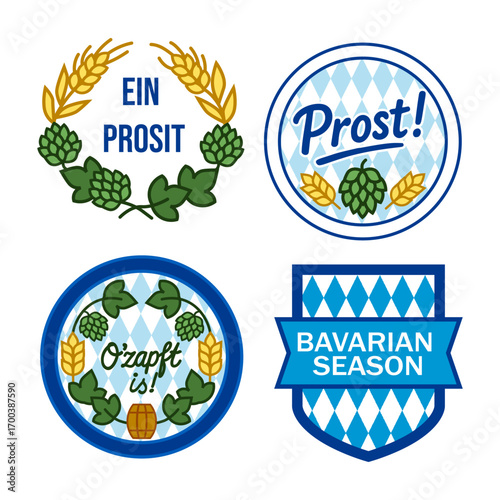 Bavarian beer festival badges with hops barley blue checkered pattern and German text for Oktoberfest celebration