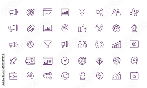 Marketing Digital Icon Set, Vector Illustration, Adjustable Line Weight, Social Media, Campaign, Analytics, Email, Mobile, Video, A/B Test, Optimization, Strategy, Presentation, Branding