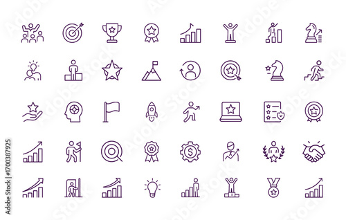 Success, Achievement, Leadership, Motivation Icon Set, Business Goal, Growth, Award, Victory, Podium, Strategy, Trophy, Medal, Career, Handshake, Rating, Progress, Prize, Champion, Performance