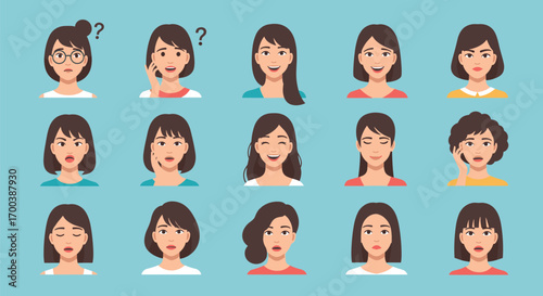 Collection of diverse female faces expressing a wide range of human emotions and feelings