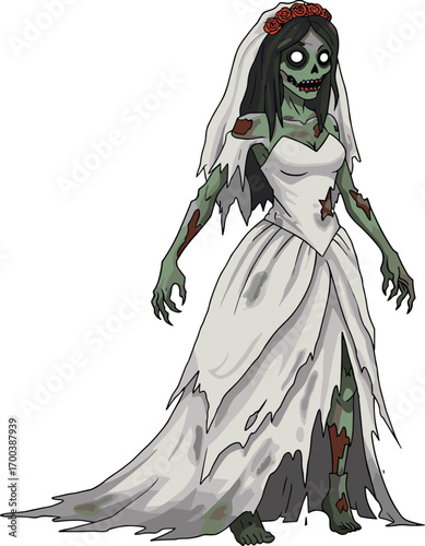 Creepy zombie bride in tattered white wedding dress, undead bride character, horror Halloween design, spooky bride with green skin