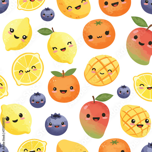 Cheerful fruit pattern with lemons, oranges, mangoes and blueberries design, patern seamless, royalty stock.