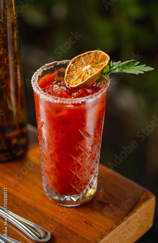 A classic Bloody Mary cocktail served in a crystal glass with salted rim, ice cubes, and garnished with a dried lime slice and fresh parsley, set on a wooden table.