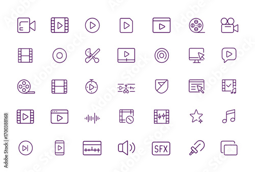 Video Editing Icon Set Minimal Line Style, Film Movie Media Symbols, Play Record Cut Clapper Reel Camera, Cinematography Digital Production Streaming Animation Creative Content Tools