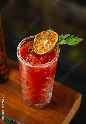 A classic Bloody Mary cocktail served in a crystal glass with salted rim, ice cubes, and garnished with a dried lime slice and fresh parsley, set on a wooden table.